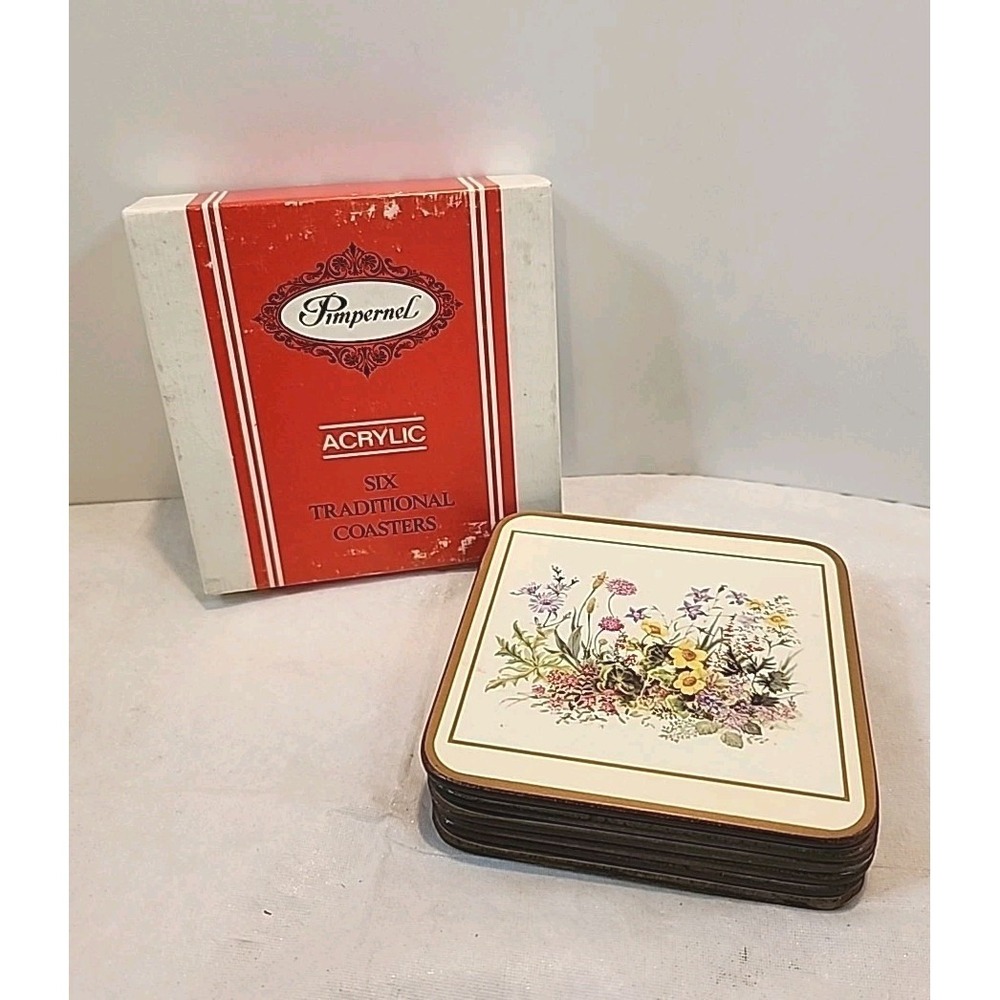 Pimpernel Set of‎ 6 VTG 'Meadow Floral' Design Cork Back Coasters W/Original Box